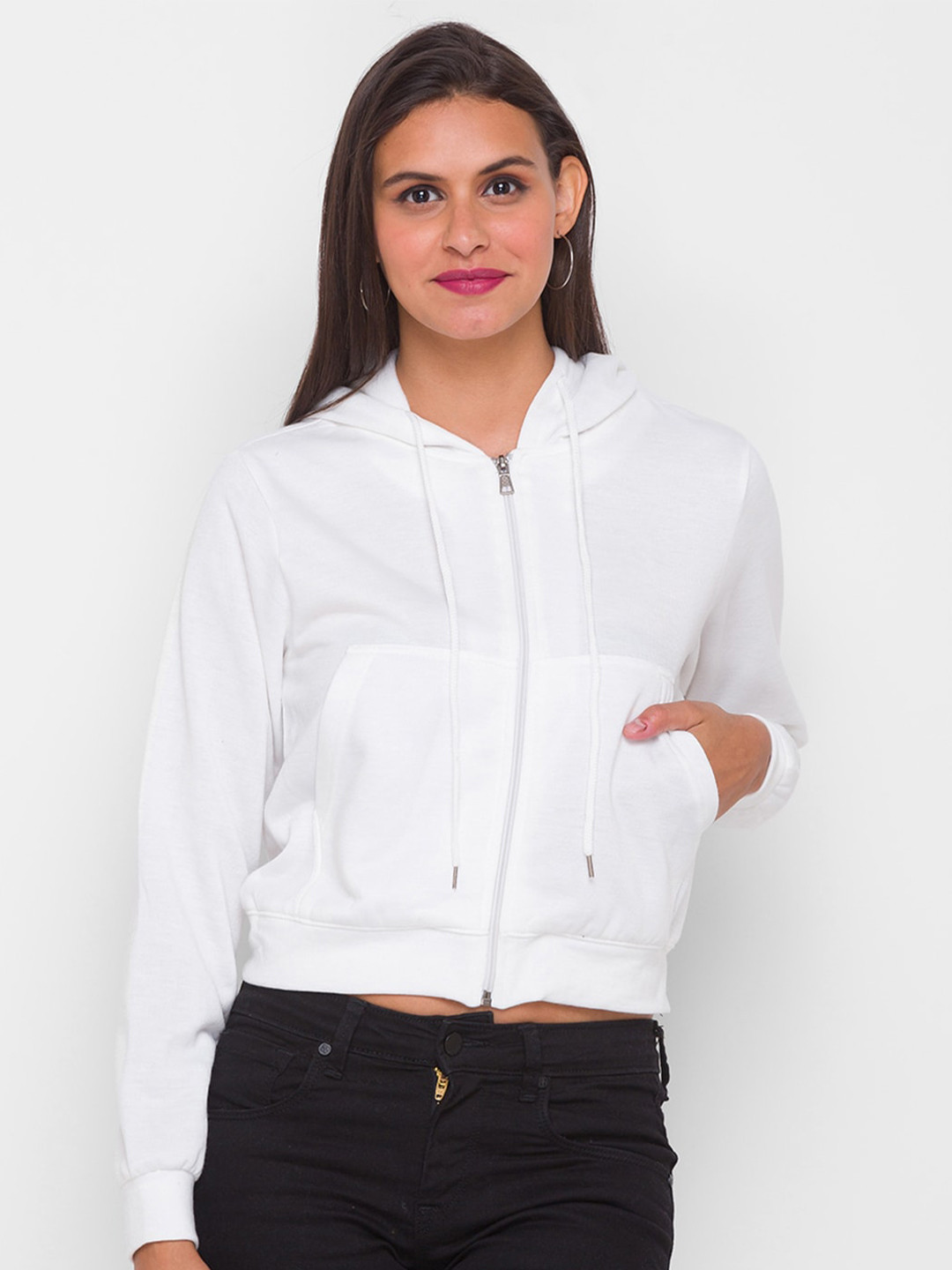

Globus Women Off White Solid Crop Hooded Sweatshirt