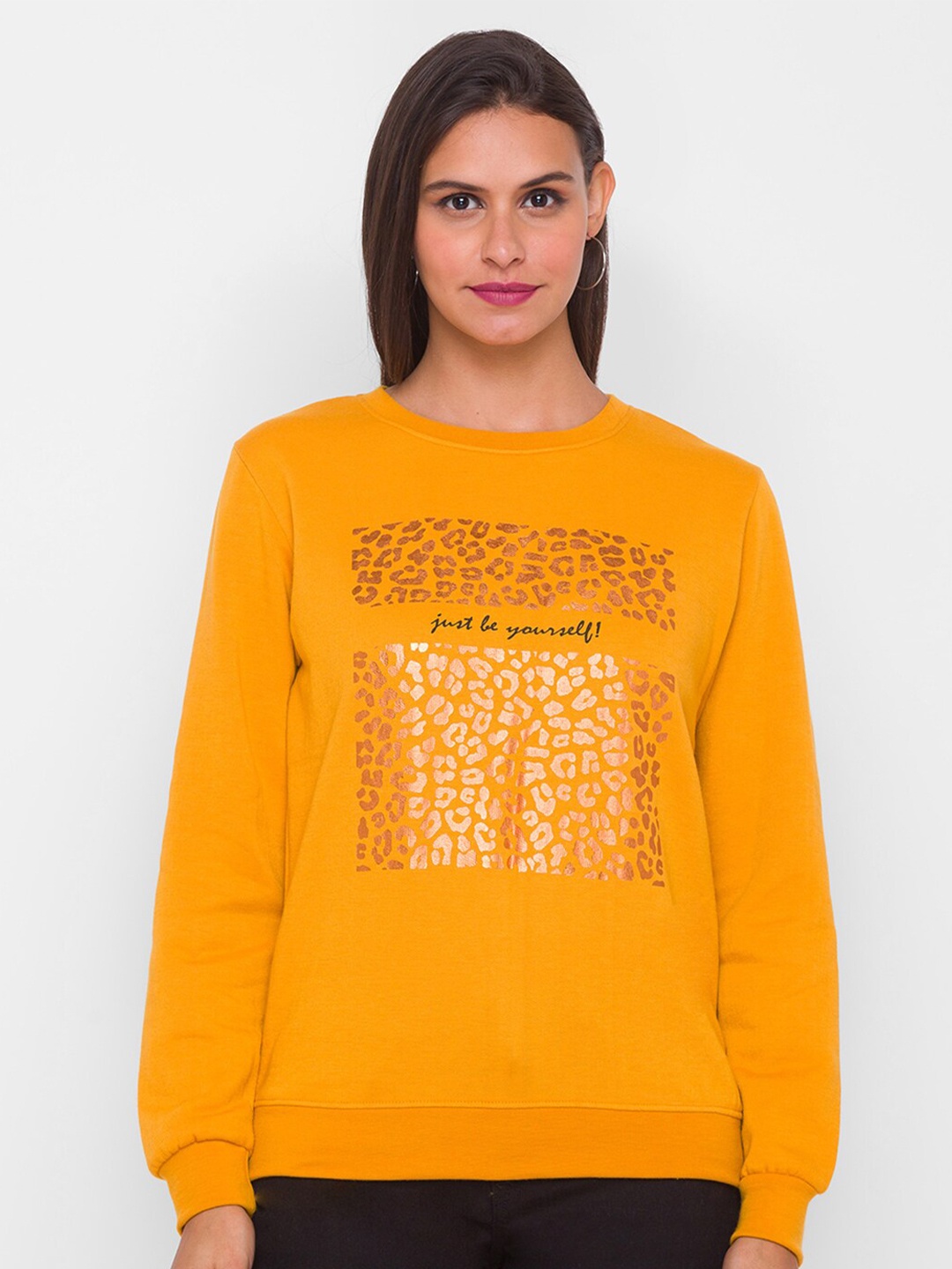 

Globus Women Mustard Yellow Printed Hooded Sweatshirt