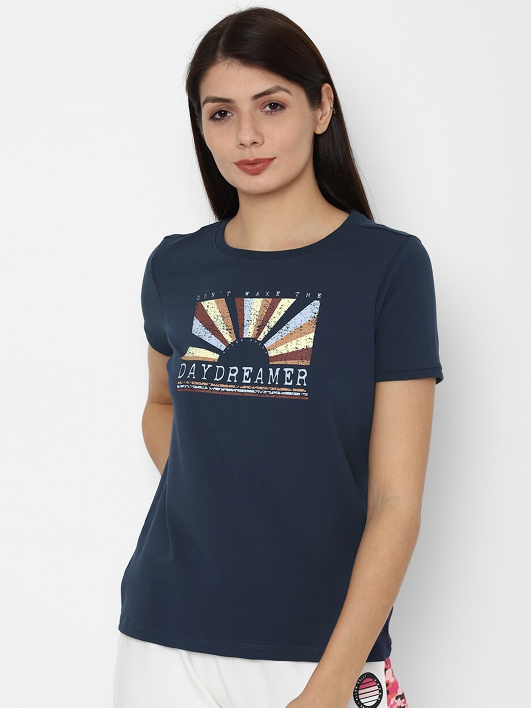 

Allen Solly Woman Women Navy Blue Typography Printed Applique T-shirt
