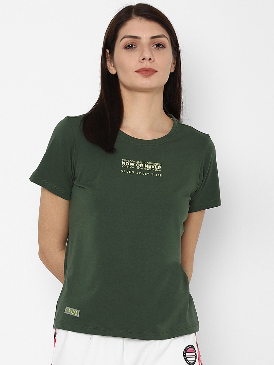 

Allen Solly Woman Women Green & Cream-Coloured Printed Pure cotton T-shirt