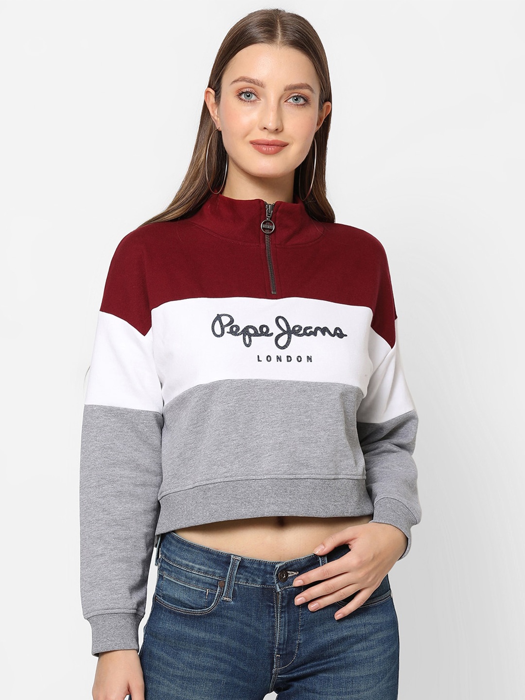 

Pepe Jeans Women Grey & Maroon Brand Logo Printed Sweatshirt