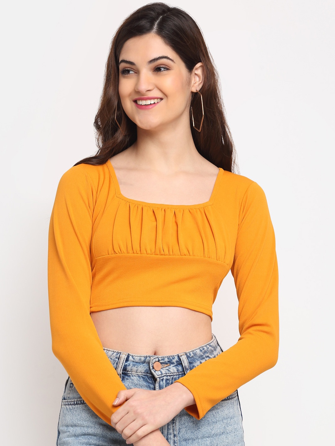 

Sugathari Mustard Yellow Crepe Crop Top