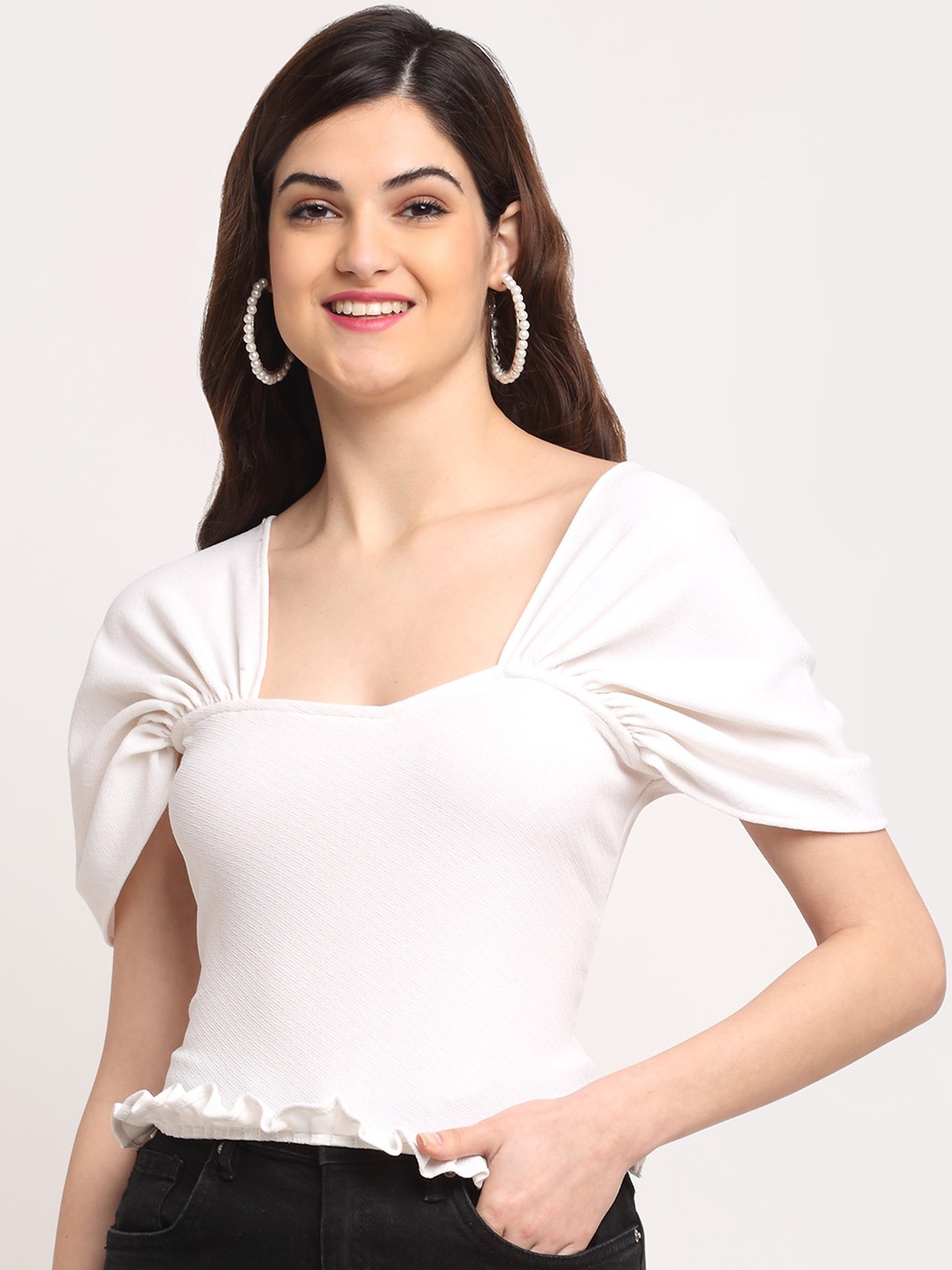 

Sugathari Woman White Sweetheart Neck Sheen Crepe Crop Top