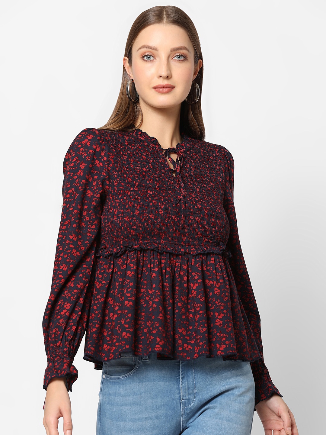 

Pepe Jeans Navy Blue Floral Print Tie-Up Neck Empire Top