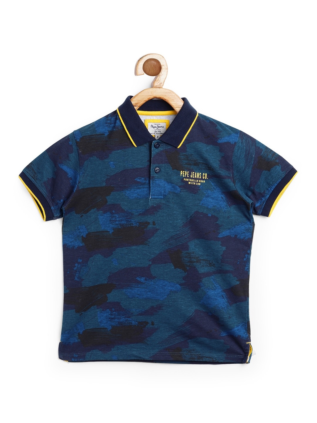 

Pepe Jeans Boys Blue Camouflage Printed Polo Collar Pure Cotton T-shirt