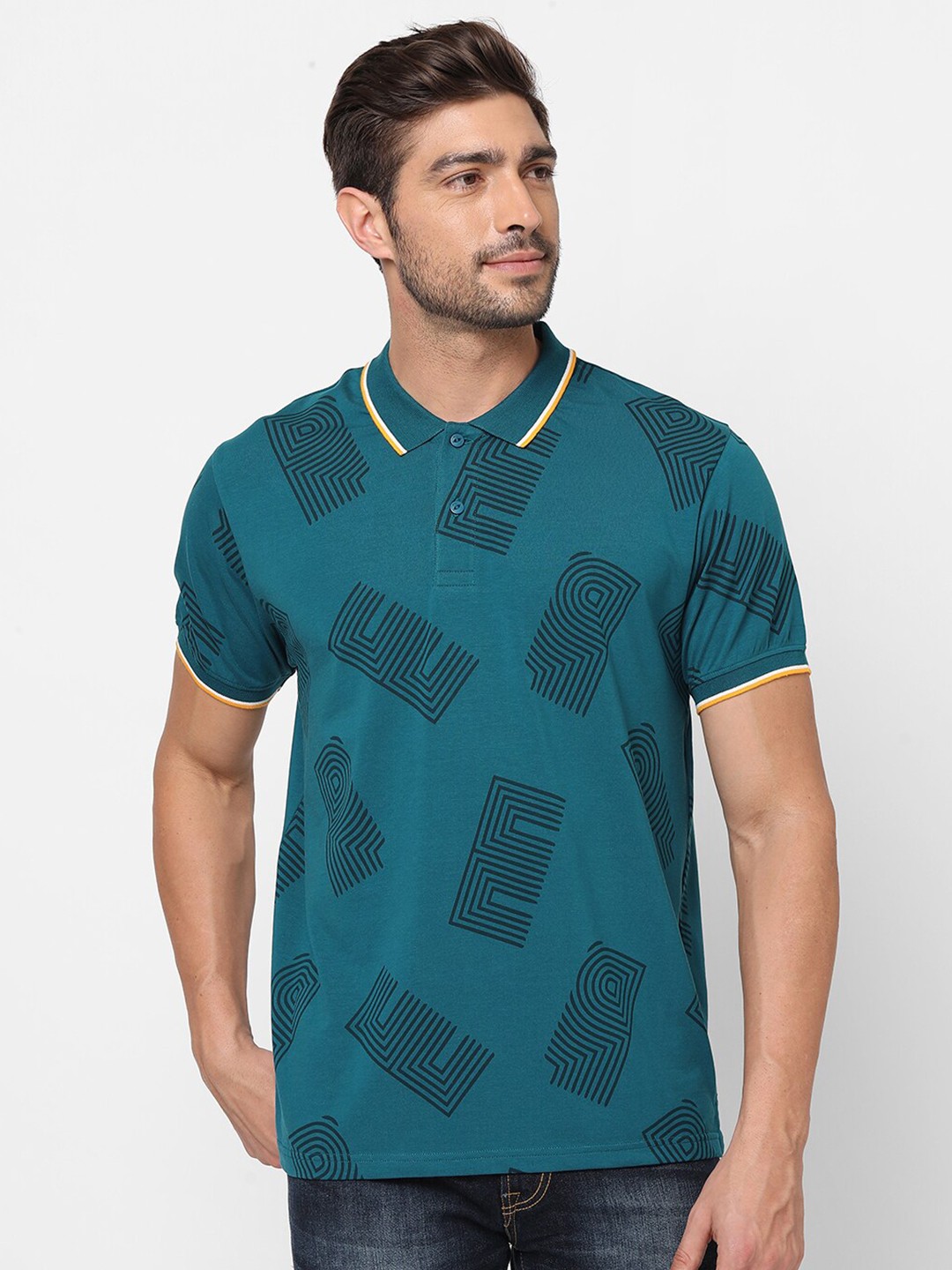 

Pepe Jeans Men Teal Blue Printed Polo Collar T-shirt