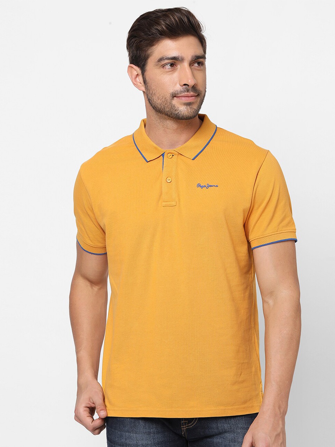 

Pepe Jeans Men Yellow & Blue Solid Cotton Polo Collar T-shirt