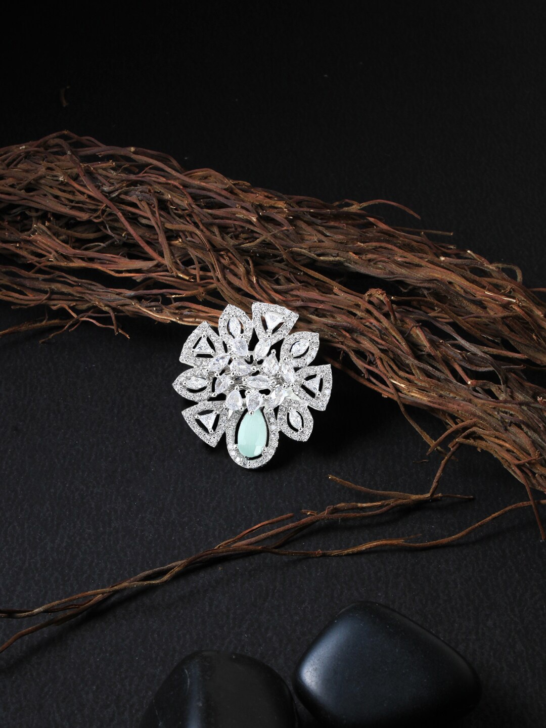 

Adwitiya Collection Rhodium-Plated White & Green CZ-Studded Adjustable Finger Ring