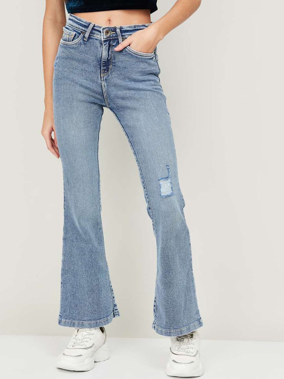 

Xpose Women Blue Comfort Flared High-Rise Highly Distressed Heavy Fade Stretchable Jeans