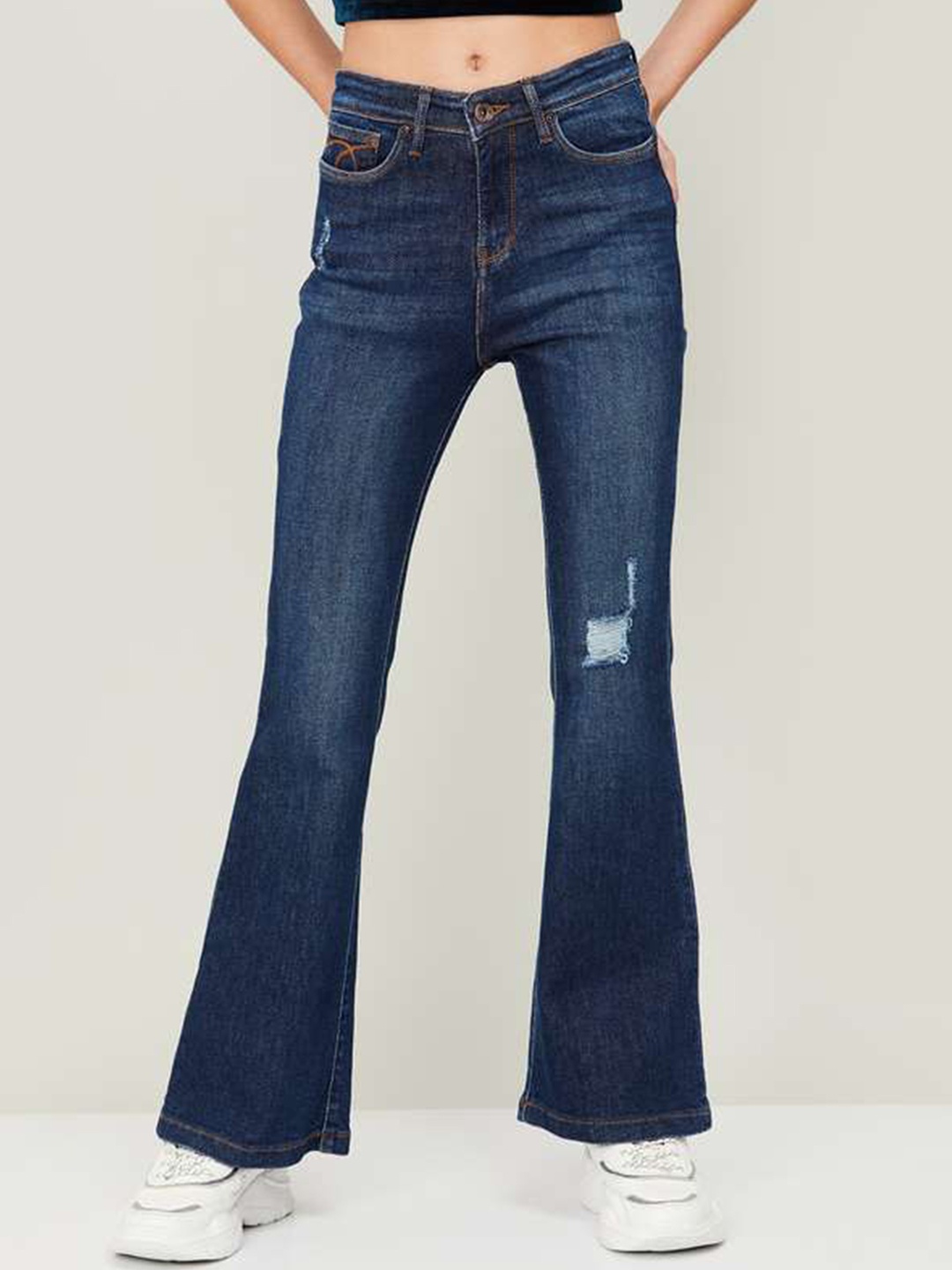 

Xpose Women Blue Comfort Flared High-Rise Low Distress Light Fade Stretchable Jeans
