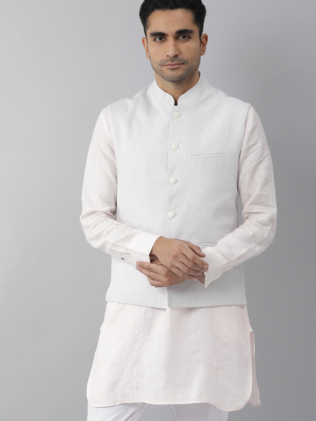 

RARE RABBIT Men Caps Slim Fit Woven Design Linen Nehru Jacket, Grey