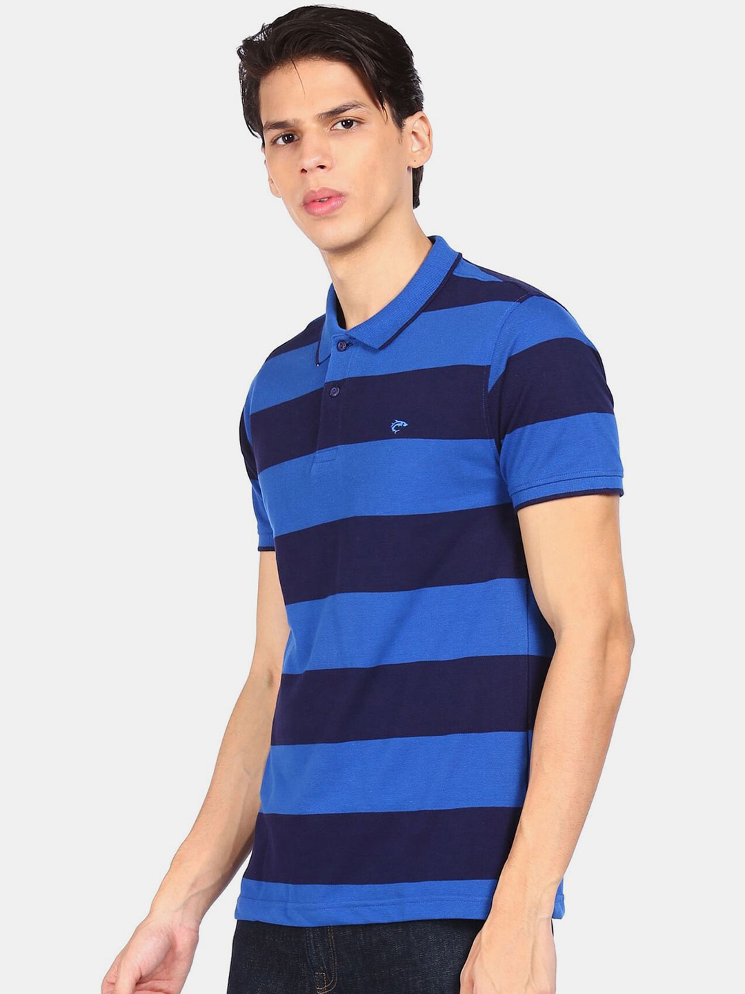 

Ruggers Men Blue Striped Polo Collar Pockets T-shirt