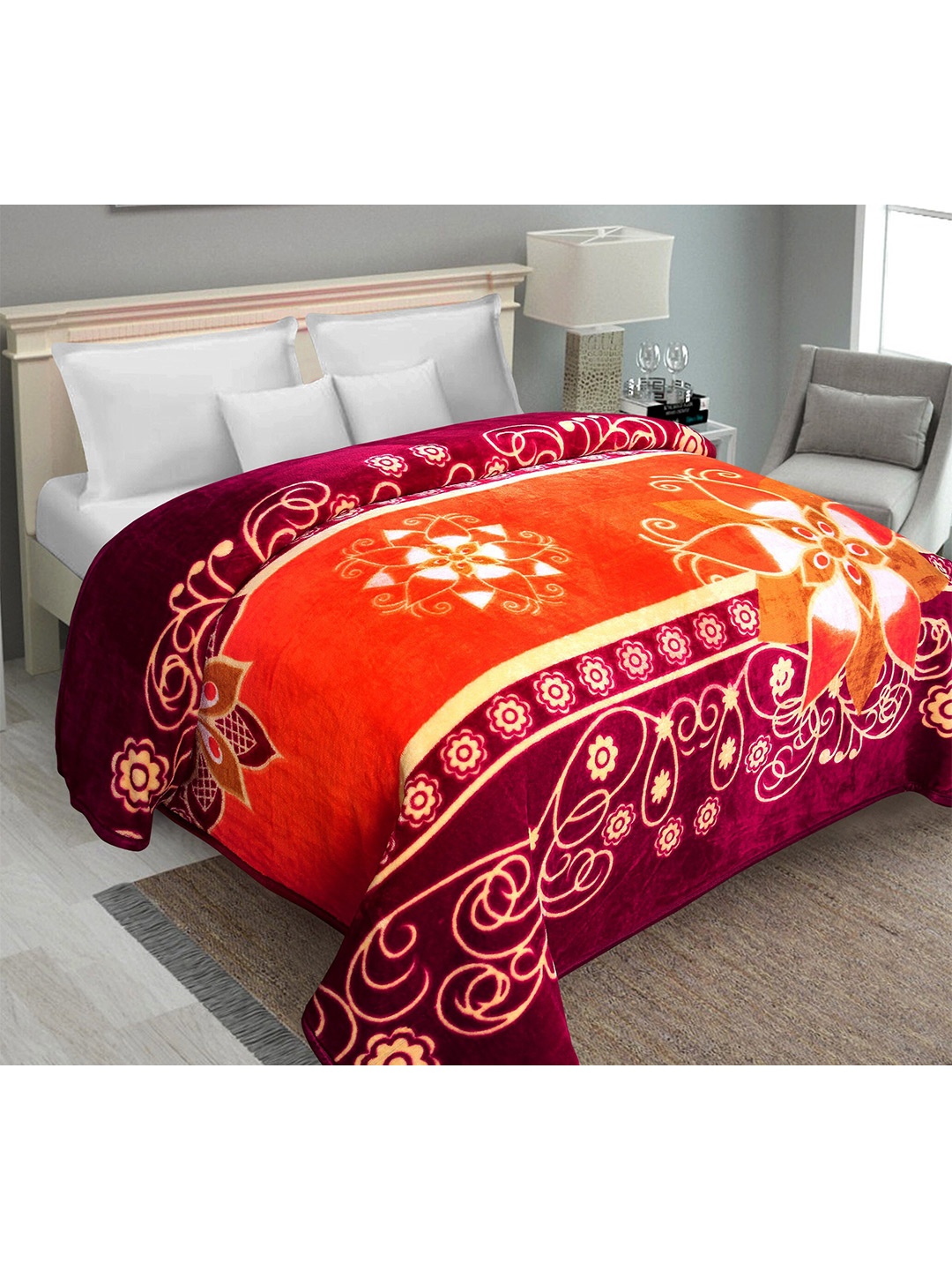 

Ispace Orange & Maroon Ethnic Motifs Heavy Winter 210 GSM Double Bed Blanket