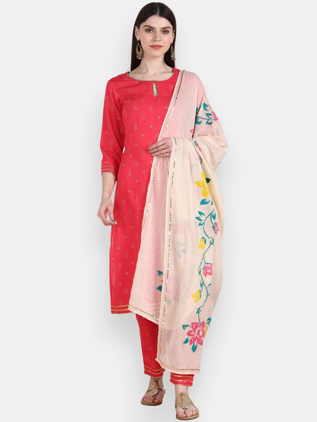 

VEDANA Women Peach-Coloured Printed Straight Kurta with Trousers & Dupatta