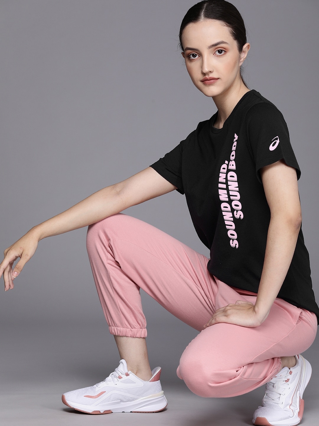 

ASICS Women Black & Pink Typography Printed T-shirt