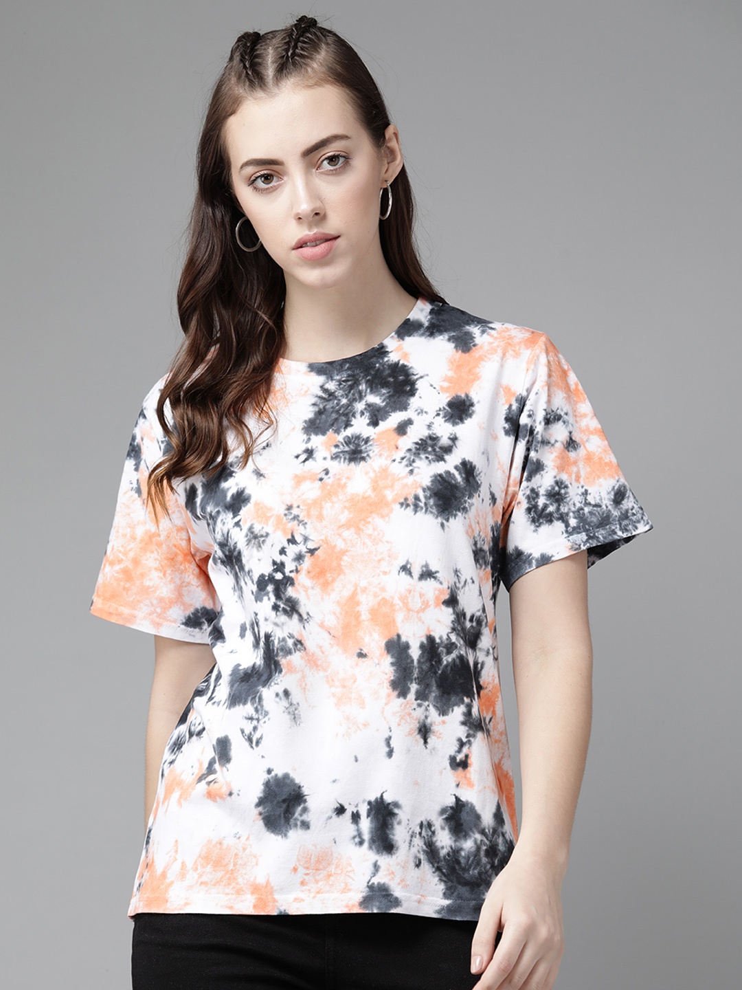 

The Dry State Women White & Black Dyed Loose Fit Cotton T-shirt
