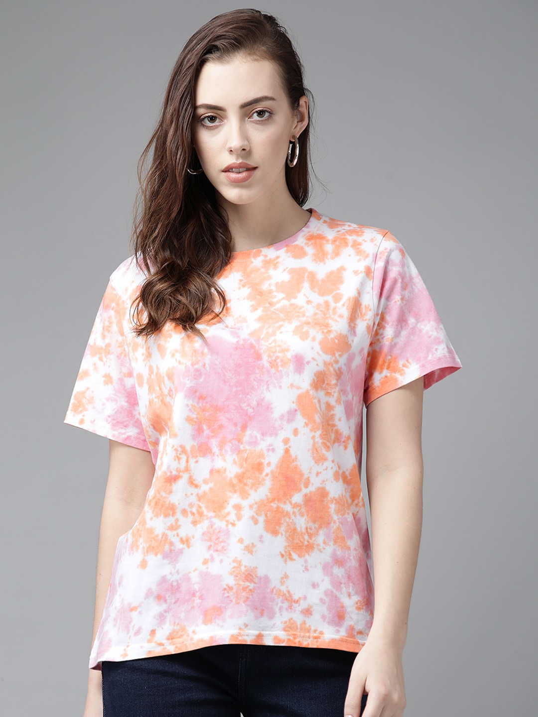 

The Dry State Women White & Orange Tie and Dye Loose Fit Cotton T-shirt