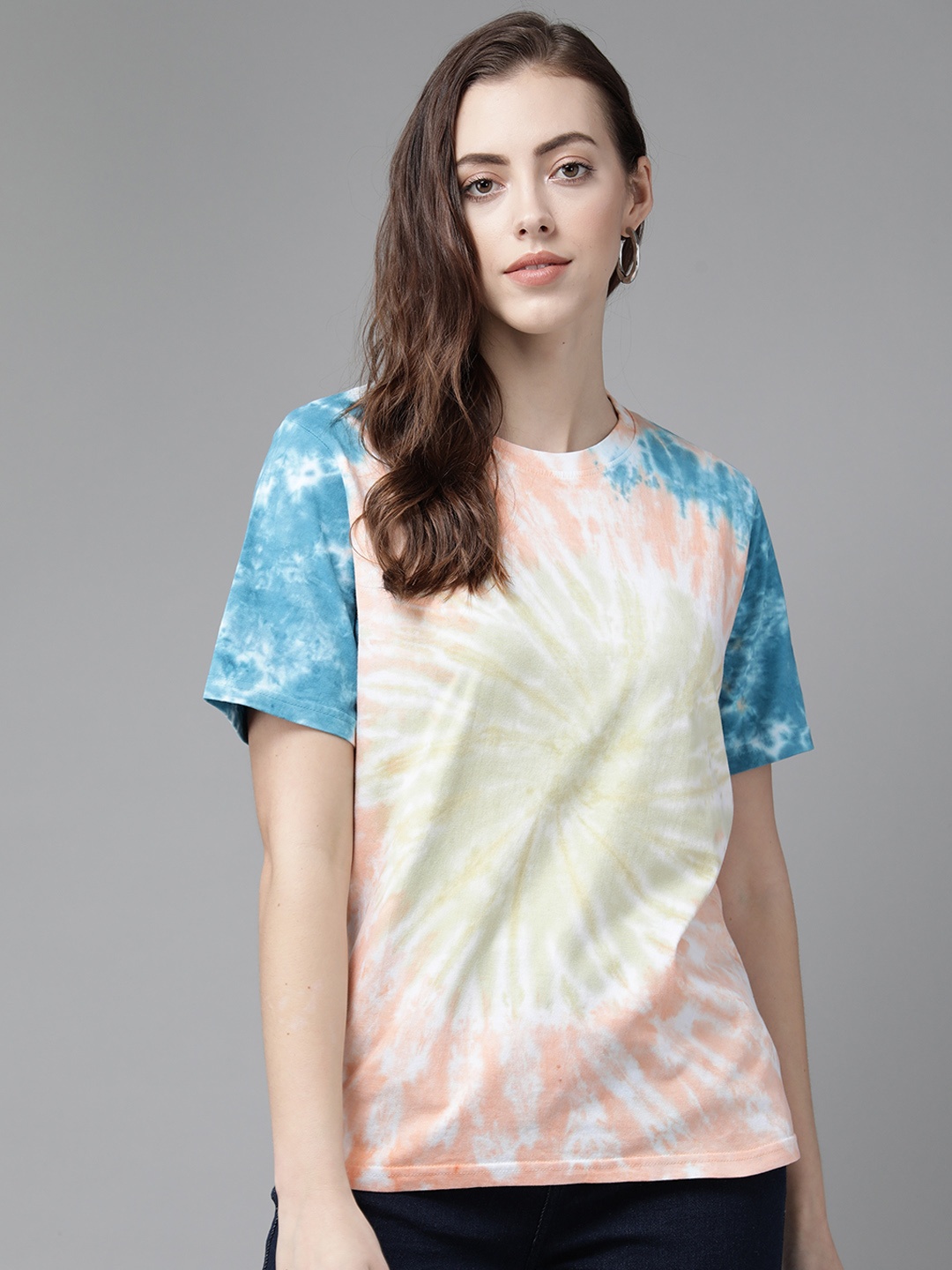 

The Dry State Women Yellow & Orange Tie and Dye Oversized Fit Cotton T-shirt