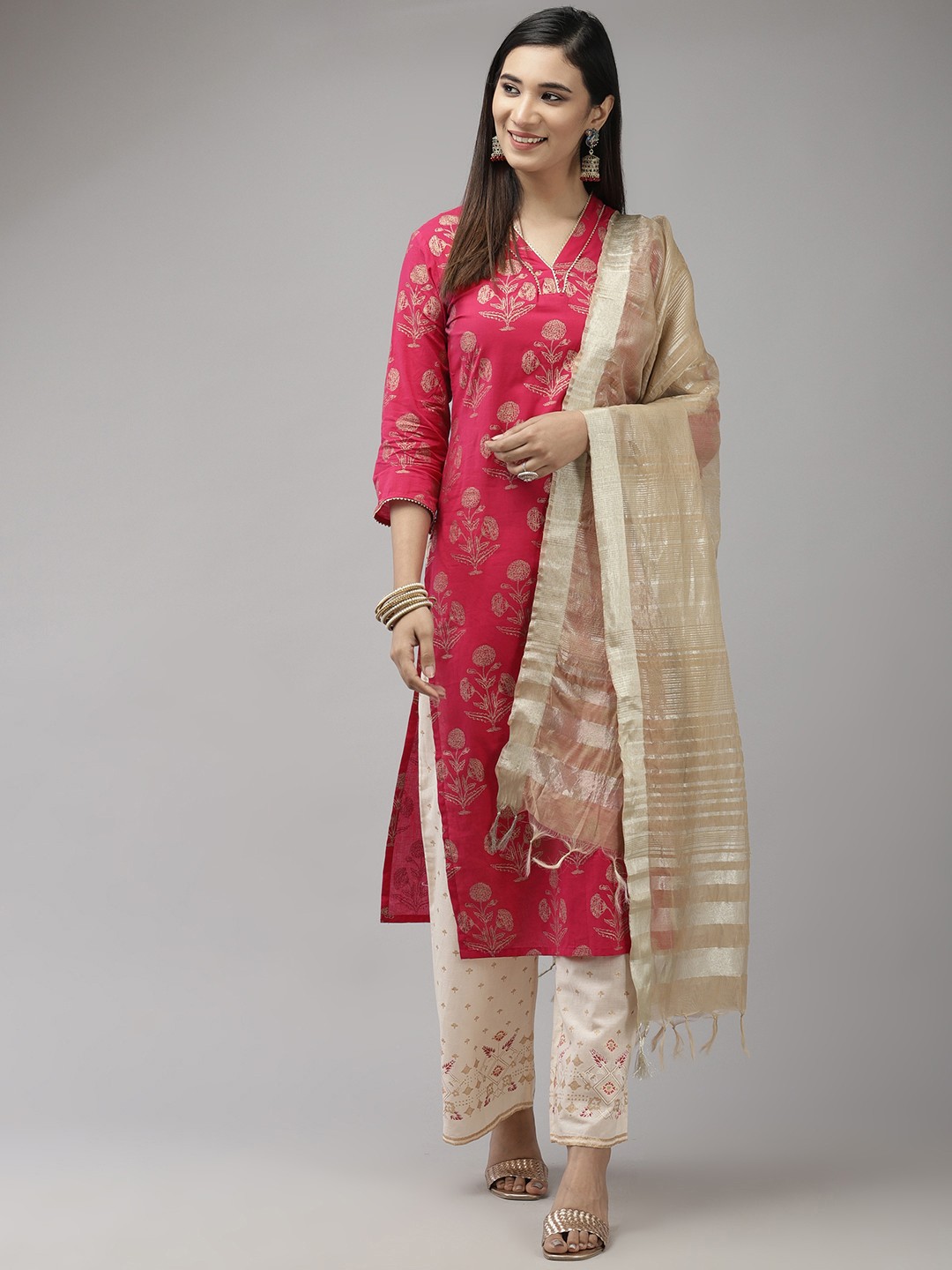 

Indo Era Women Pink Floral Printed Gotta Patti Kurta with Palazzos & With Dupatta
