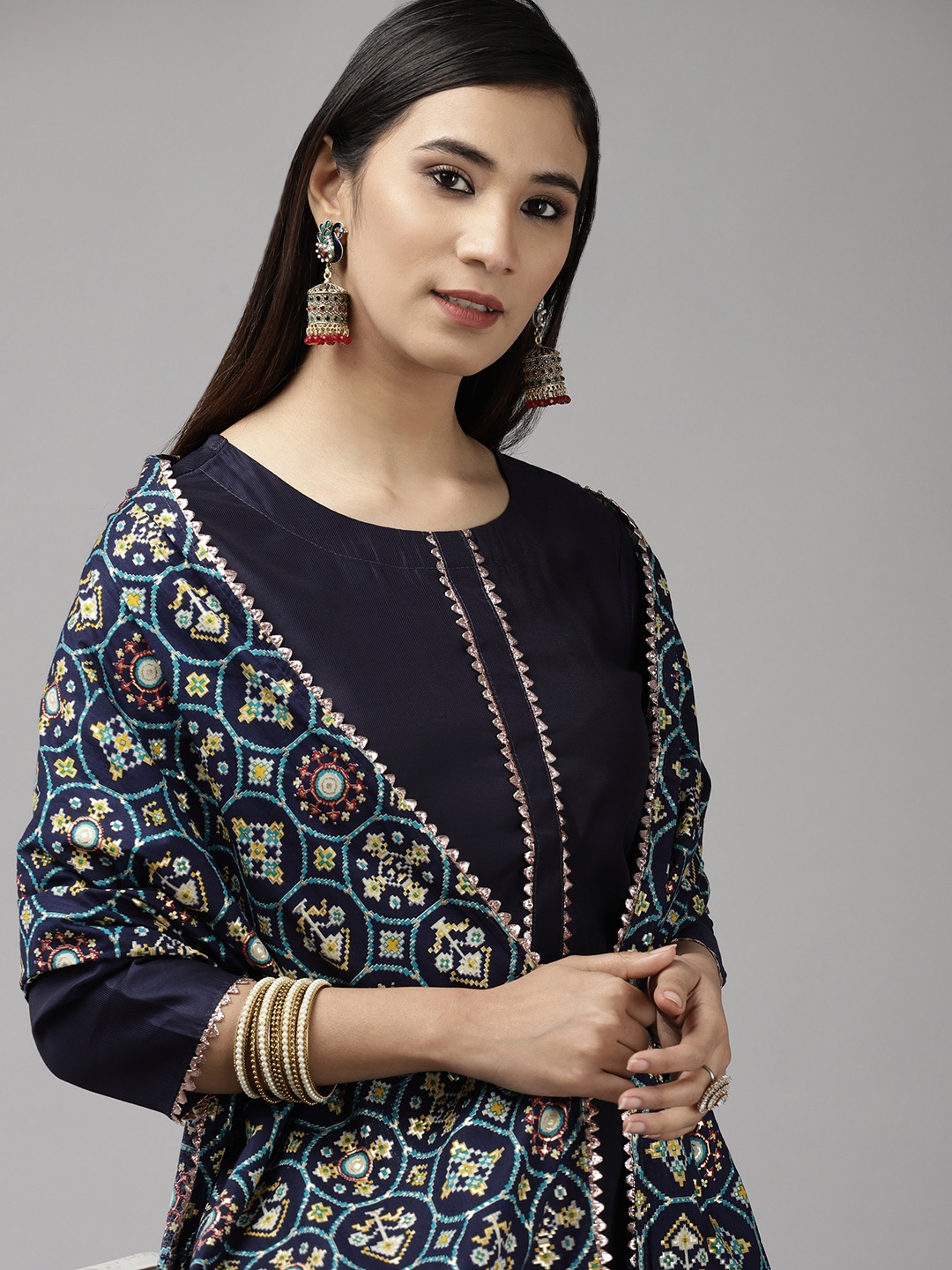 

Indo Era Women Navy Blue Gotta Patti Kurta with Trousers & With Dupatta