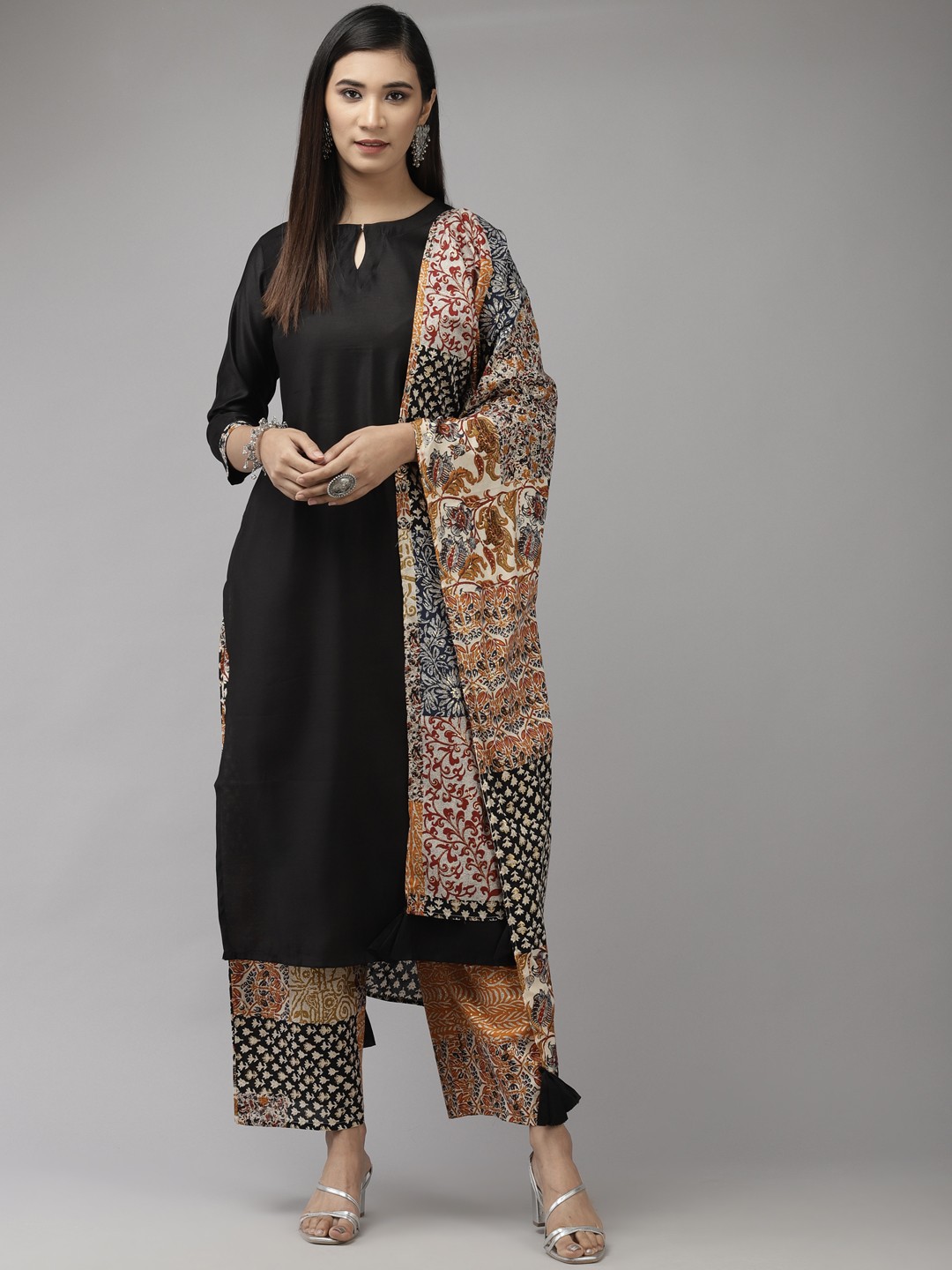 

Indo Era Women Black & Orange Ethnic Motifs Kurta with Palazzos & With Dupatta