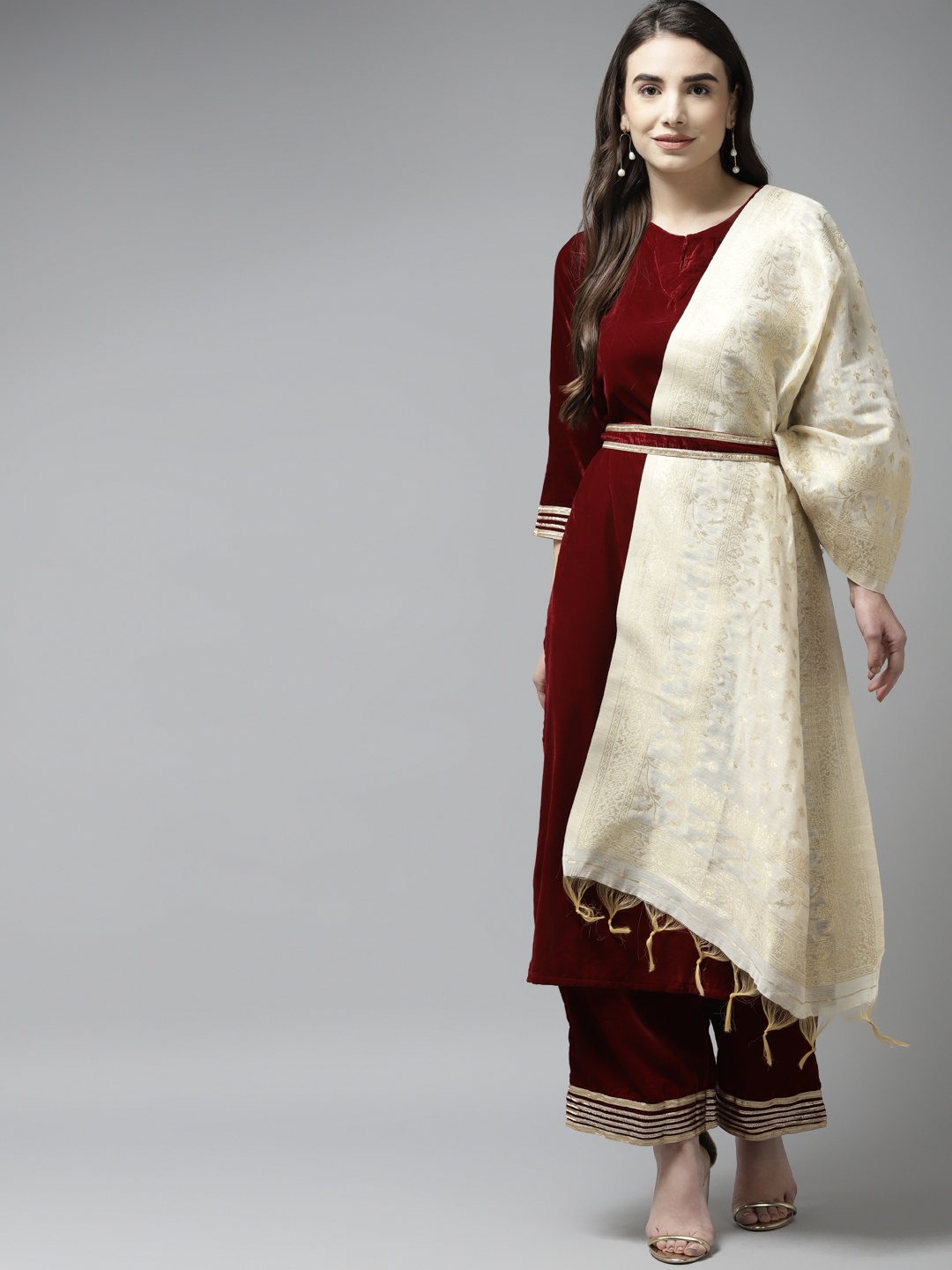 

Indo Era Women Maroon Velvet Kurta with Palazzos & With Dupatta