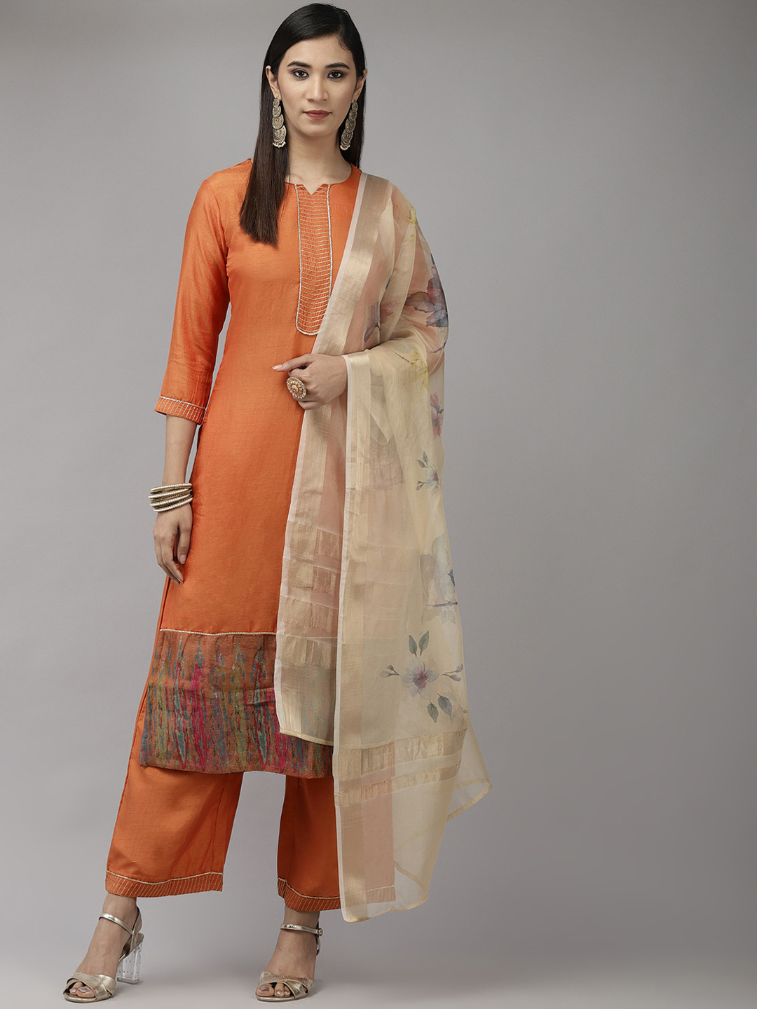 

Indo Era Women Orange & Beige Patchwork Kurta with Palazzos & With Dupatta