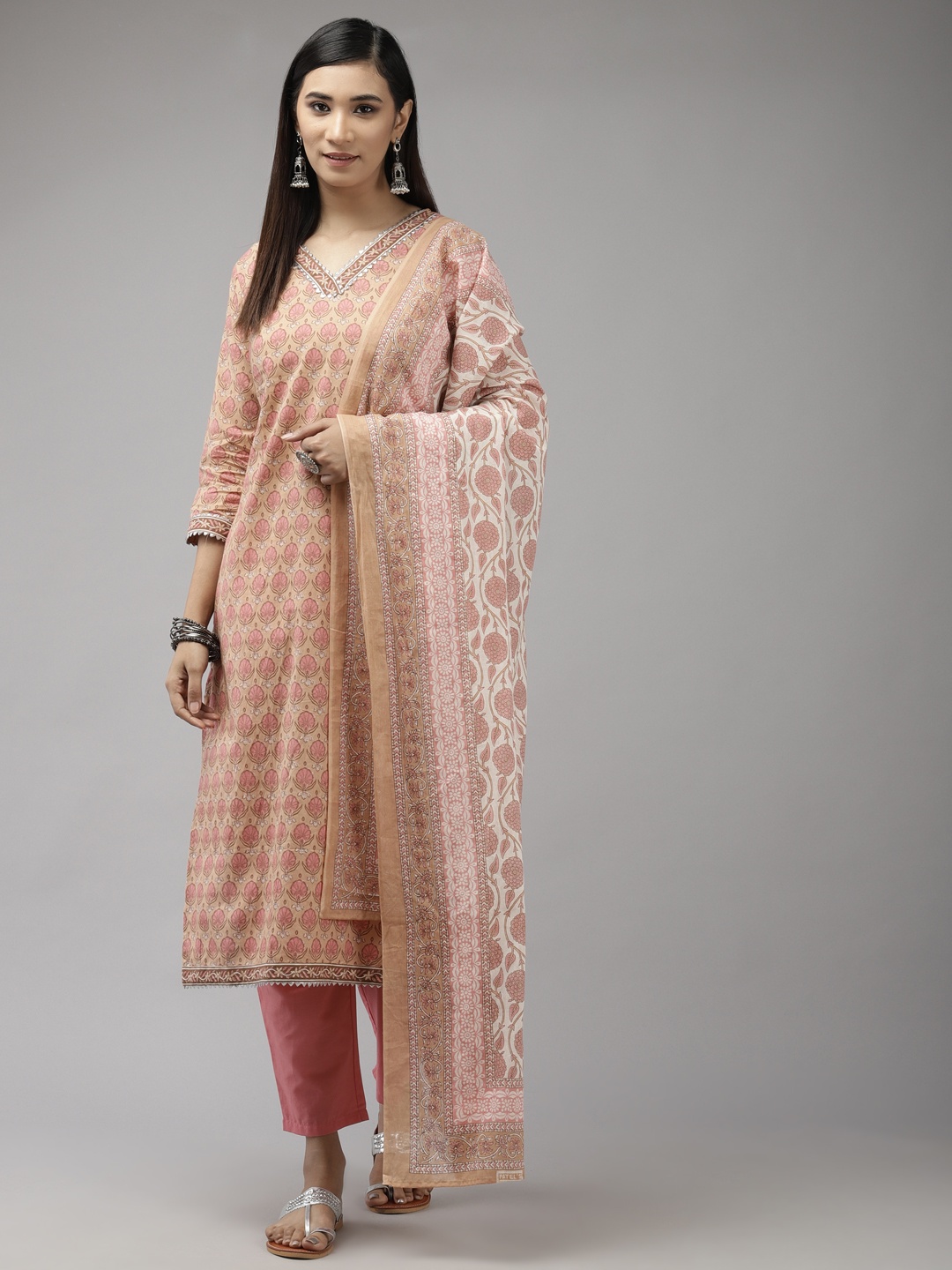 

Indo Era Women Orange & Pink Printed Pure Cotton Kurta with Trousers & Dupatta