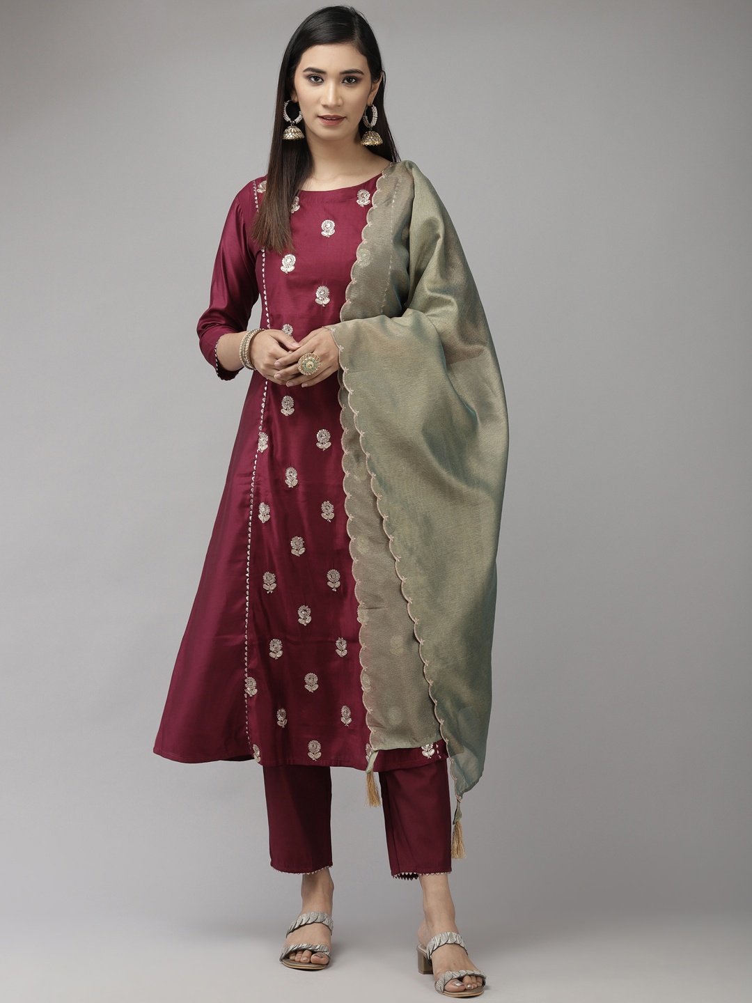 

Indo Era Women Burgundy & Green Floral Embroidered Kurta with Trousers & With Dupatta