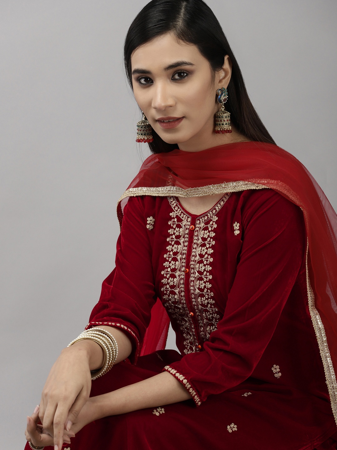 

Indo Era Women Red Ethnic Motifs Yoke Design Kurta with Palazzos & With Dupatta