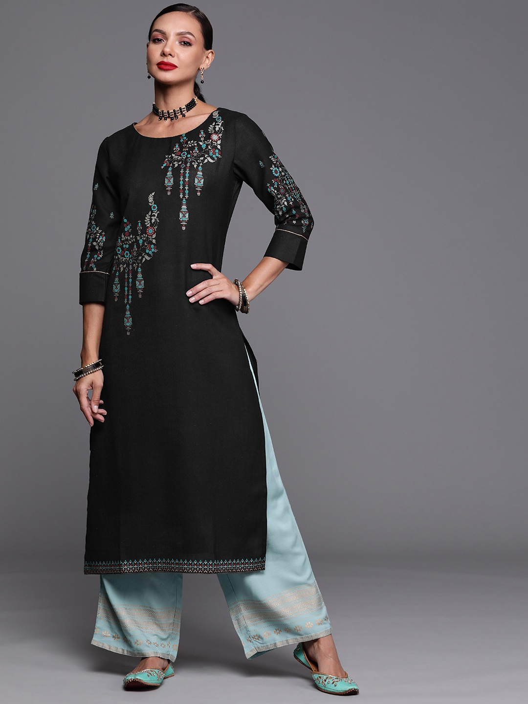 

Indo Era Women Black & Silver Ethnic Motifs Foil Printed Straight Kurta