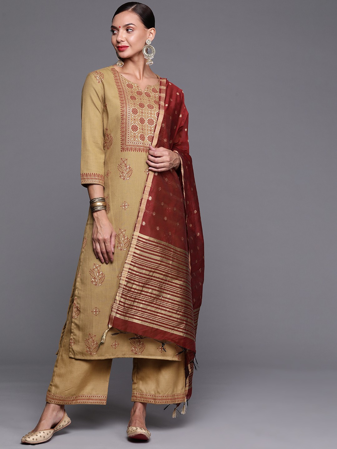 

Indo Era Women Beige & Red Ethnic Motifs Printed Kurta with Palazzos & With Dupatta
