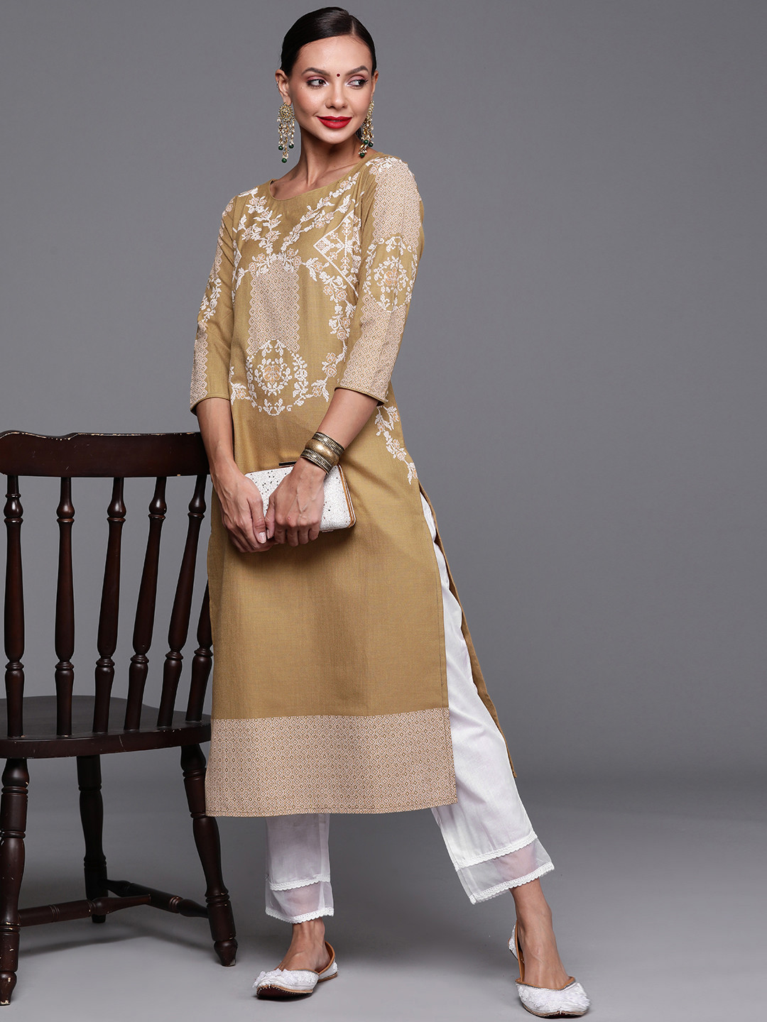 

Indo Era Women Camel Brown Ethnic Motifs Foil Print Round Neck Regular Sleeves Kurta