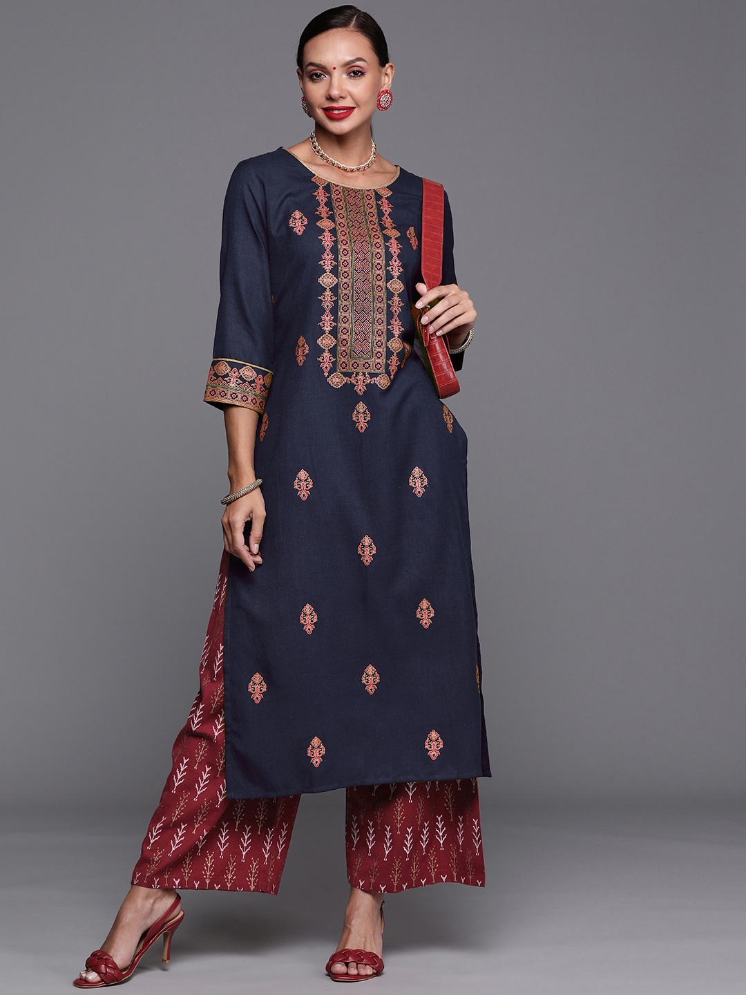 

Indo Era Women Teal Blue & Red Ethnic Motifs Foil Print Straight Kurta