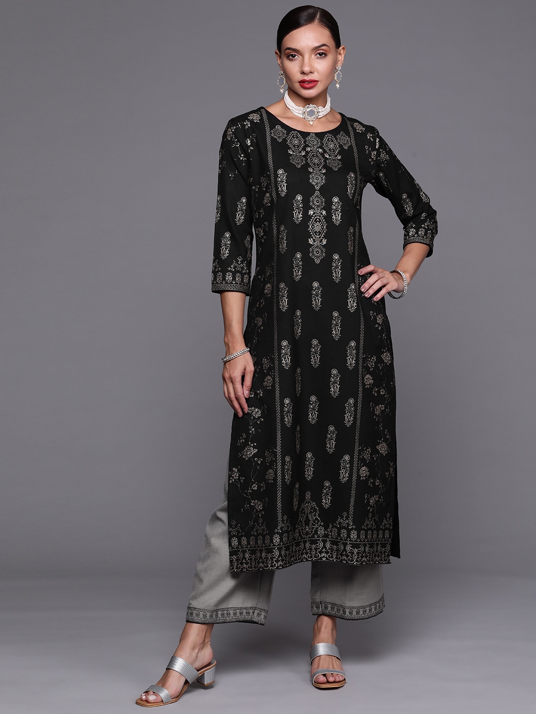 

Indo Era Women Black & Grey Ethnic Motifs Printed Kurta with Palazzos