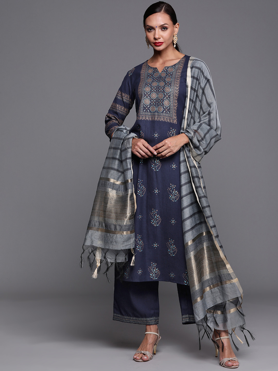 

Indo Era Women Navy Blue Ethnic Motifs Foil Printed Kurta Palazzo With Dupatta Set