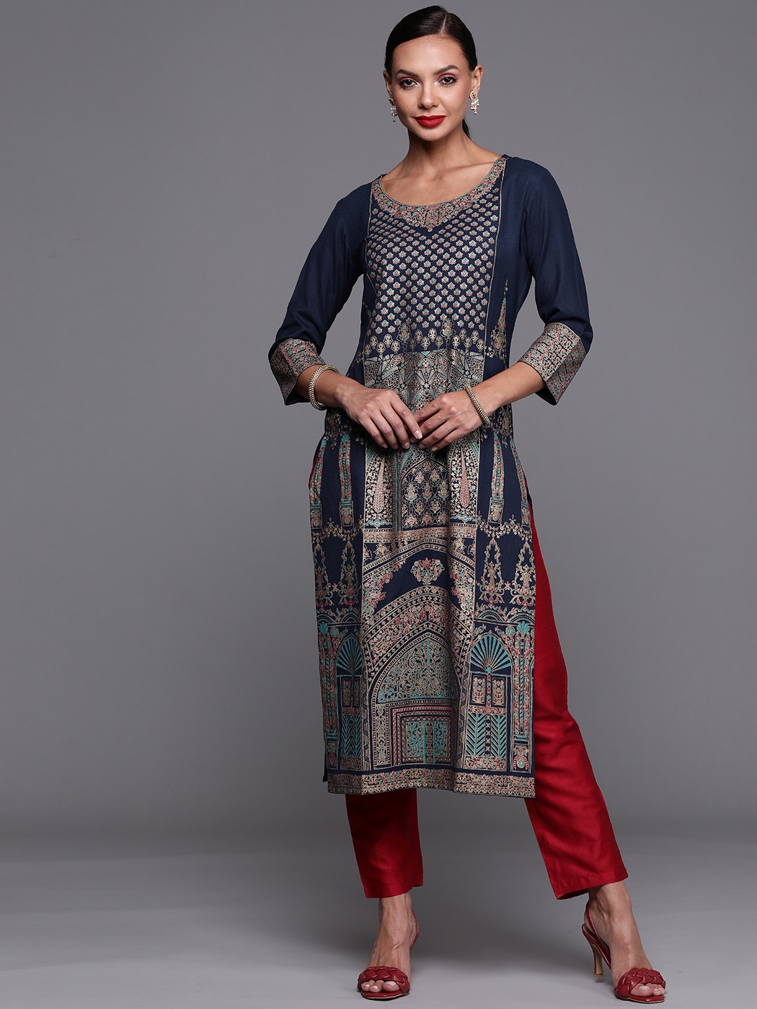 

Indo Era Women Teal Blue & Golden Ethnic Motifs Foil Print Straight Kurta