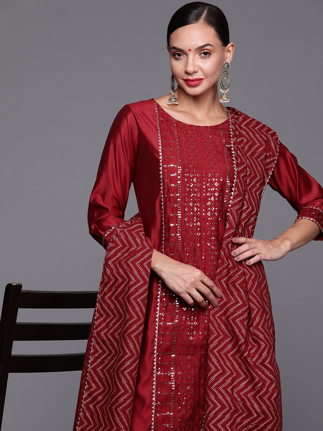 

Indo Era Women Red Ethnic Motifs Embroidered Sequinned Kurta with Trousers & With Dupatta