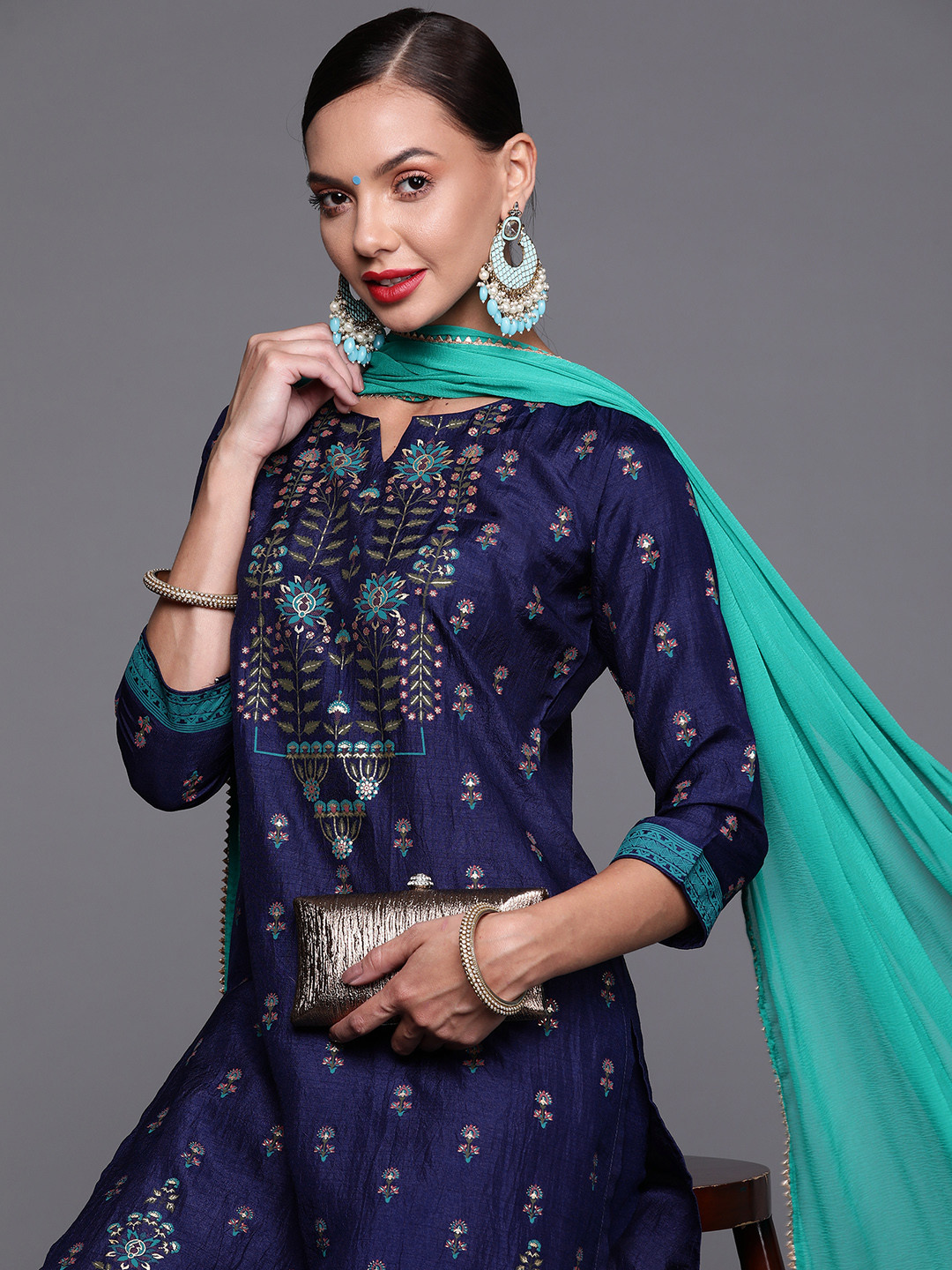 

Indo Era Women Navy Blue & Green Ethnic Motifs Printed Kurta with Palazzos & With Dupatta