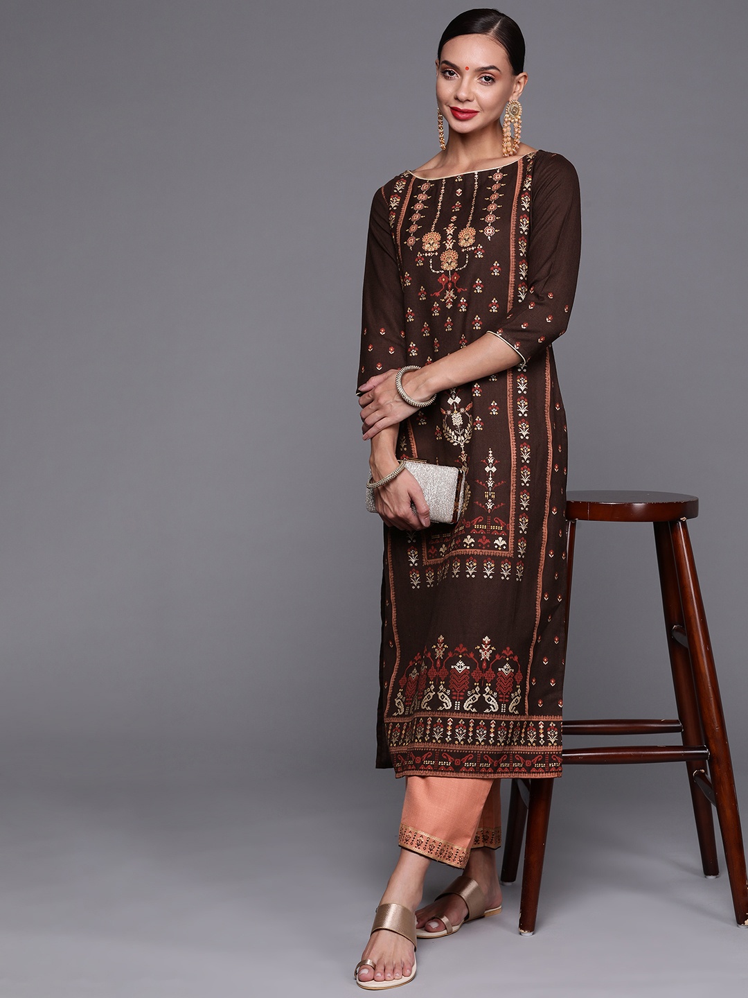 

Indo Era Women Brown & Peach-Coloured Ethnic Motifs Printed Kurta with Palazzos