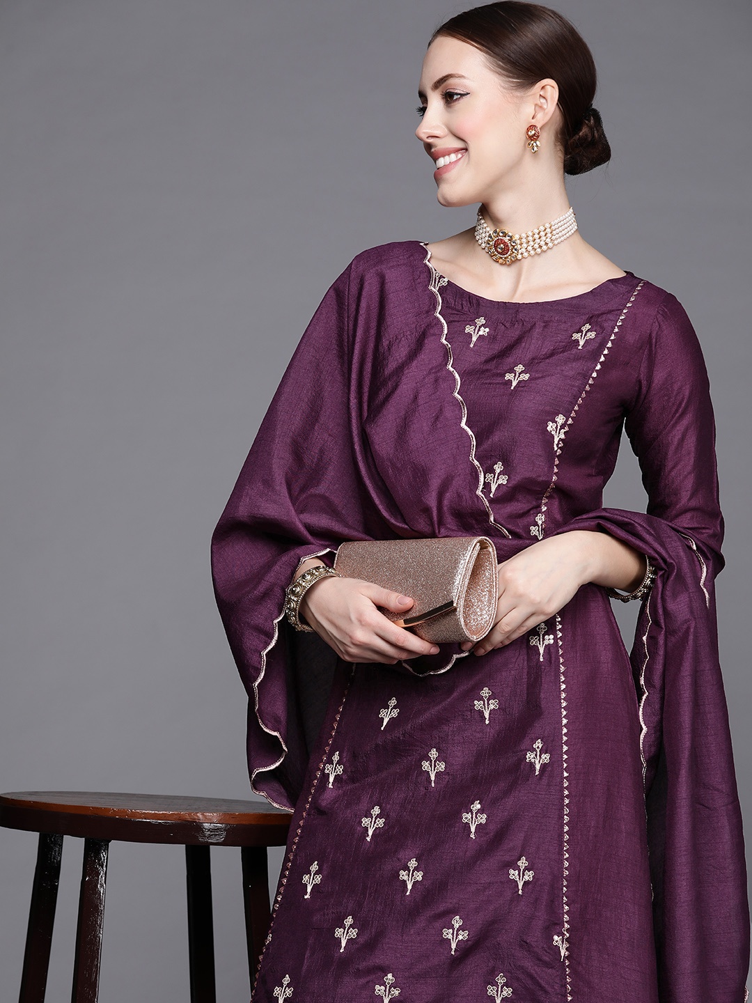 

Indo Era Women Purple Ethnic Motifs Embroidered Gotta Patti Kurta with Trousers & With Dupatta
