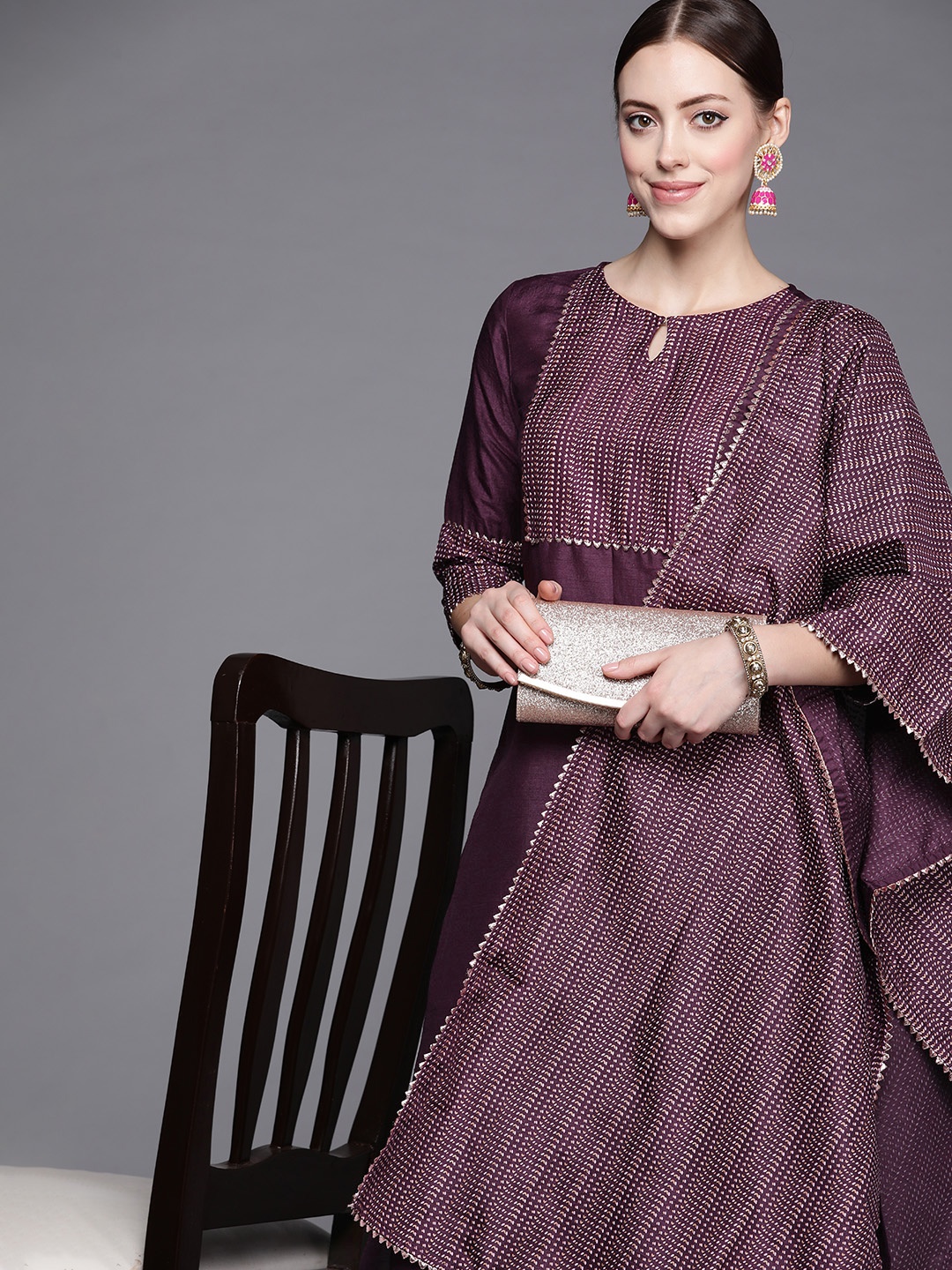 

Indo Era Women Aubergine & Beige Yoke Design Kurta with Palazzos & Dupatta, Purple
