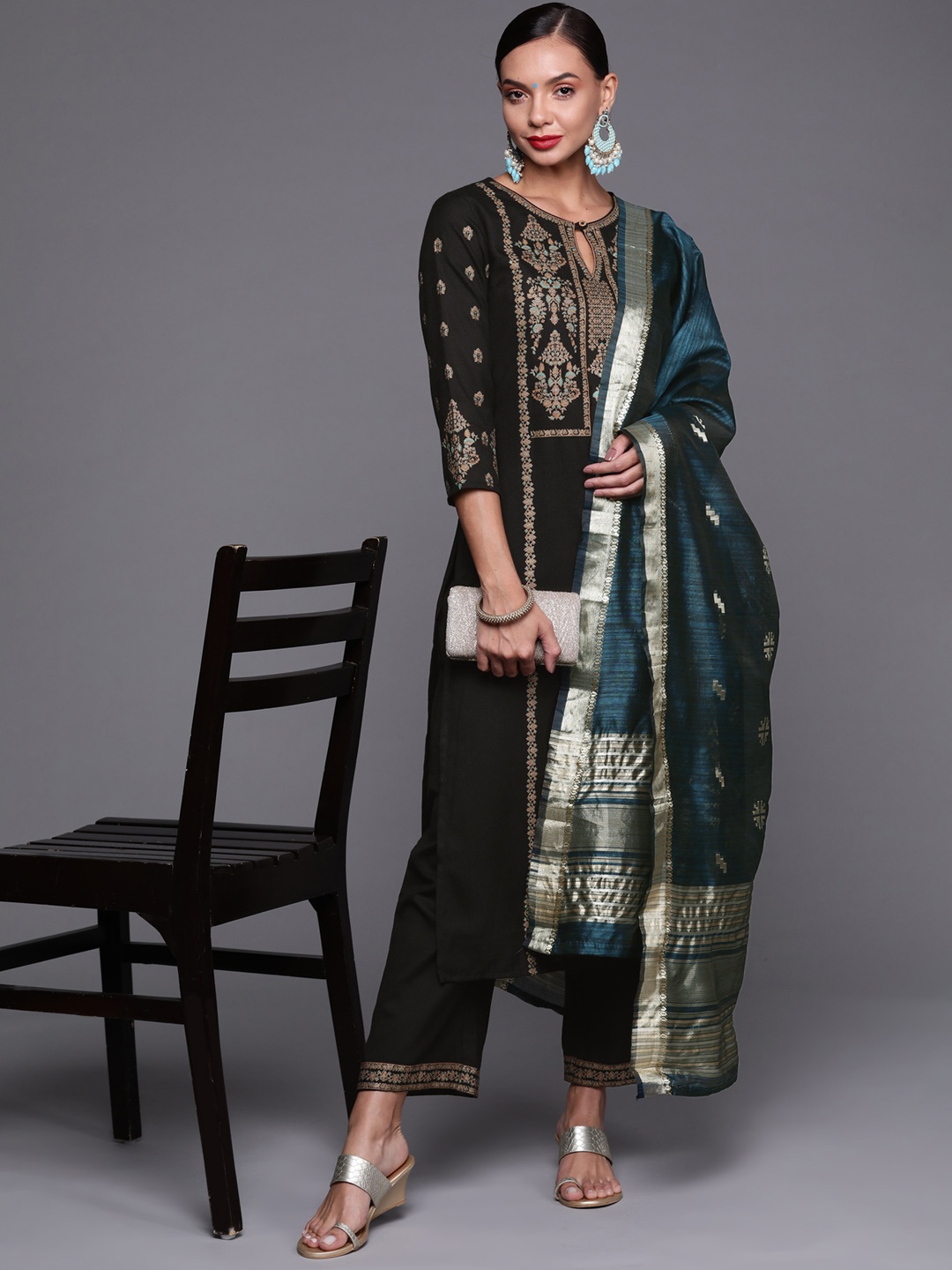 

Indo Era Women Black & Teal Green Ethnic Motifs Printed Kurta with Palazzos & With Dupatta