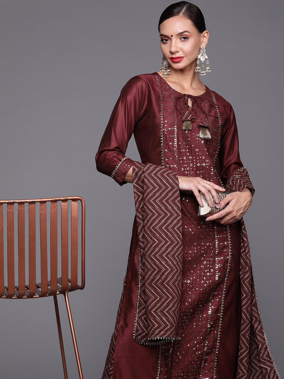 

Indo Era Women Burgundy Ethnic Motifs Embroidered Kurta with Trousers & With Dupatta