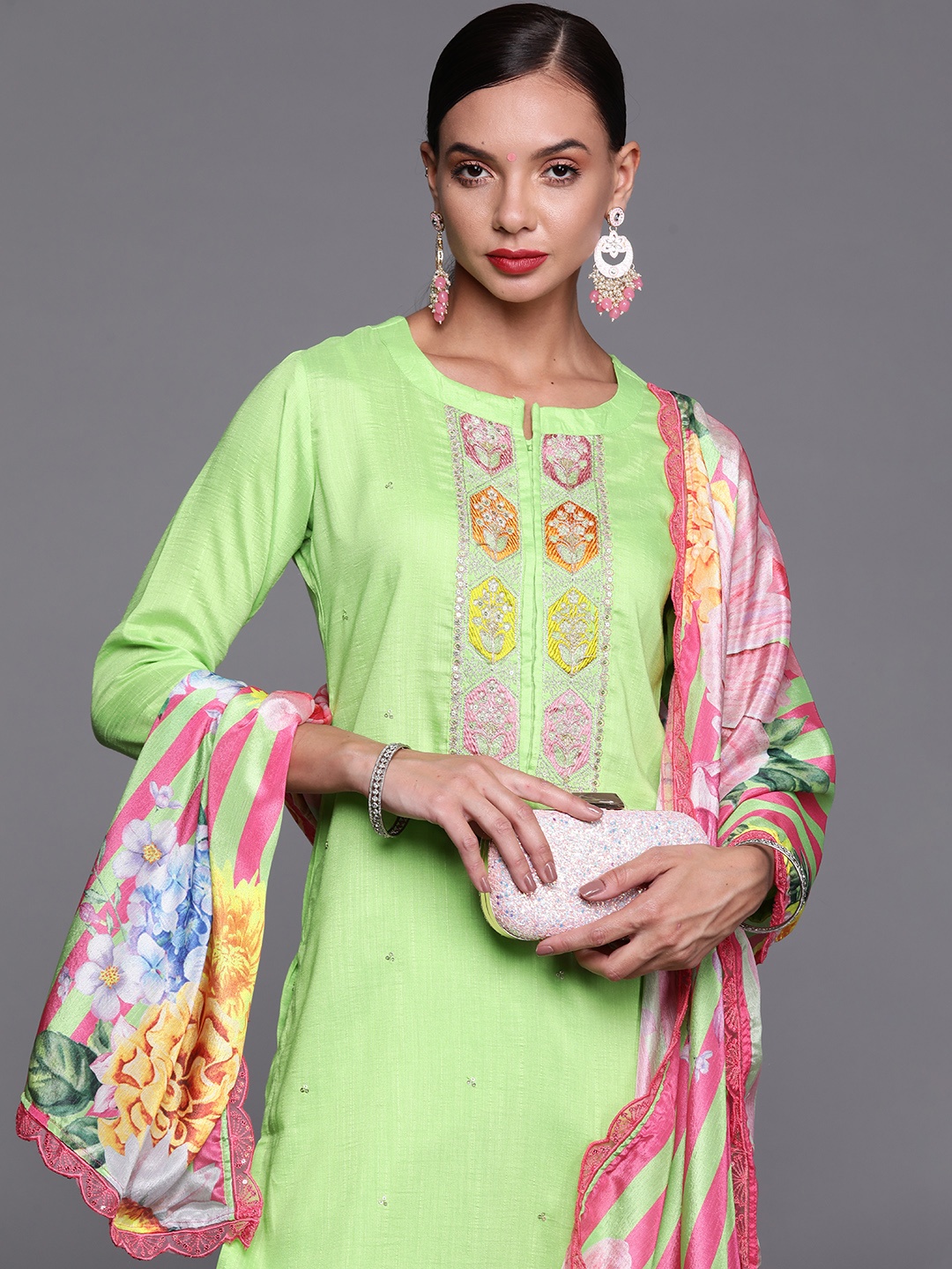 

Indo Era Women Green Ethnic Motifs Embroidered Raw Silk Kurta with Trousers & With Dupatta