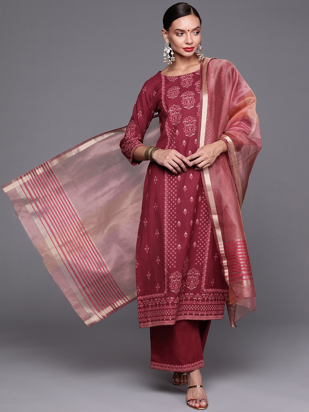 

Indo Era Women Maroon Ethnic Motifs Printed Kurta with Palazzos & With Dupatta