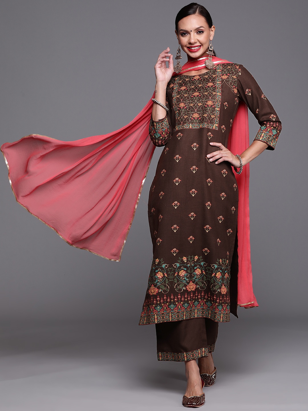 

Indo Era Women Brown Ethnic Motifs Foil Printed Straight Kurta Palazzo With Dupatta Set