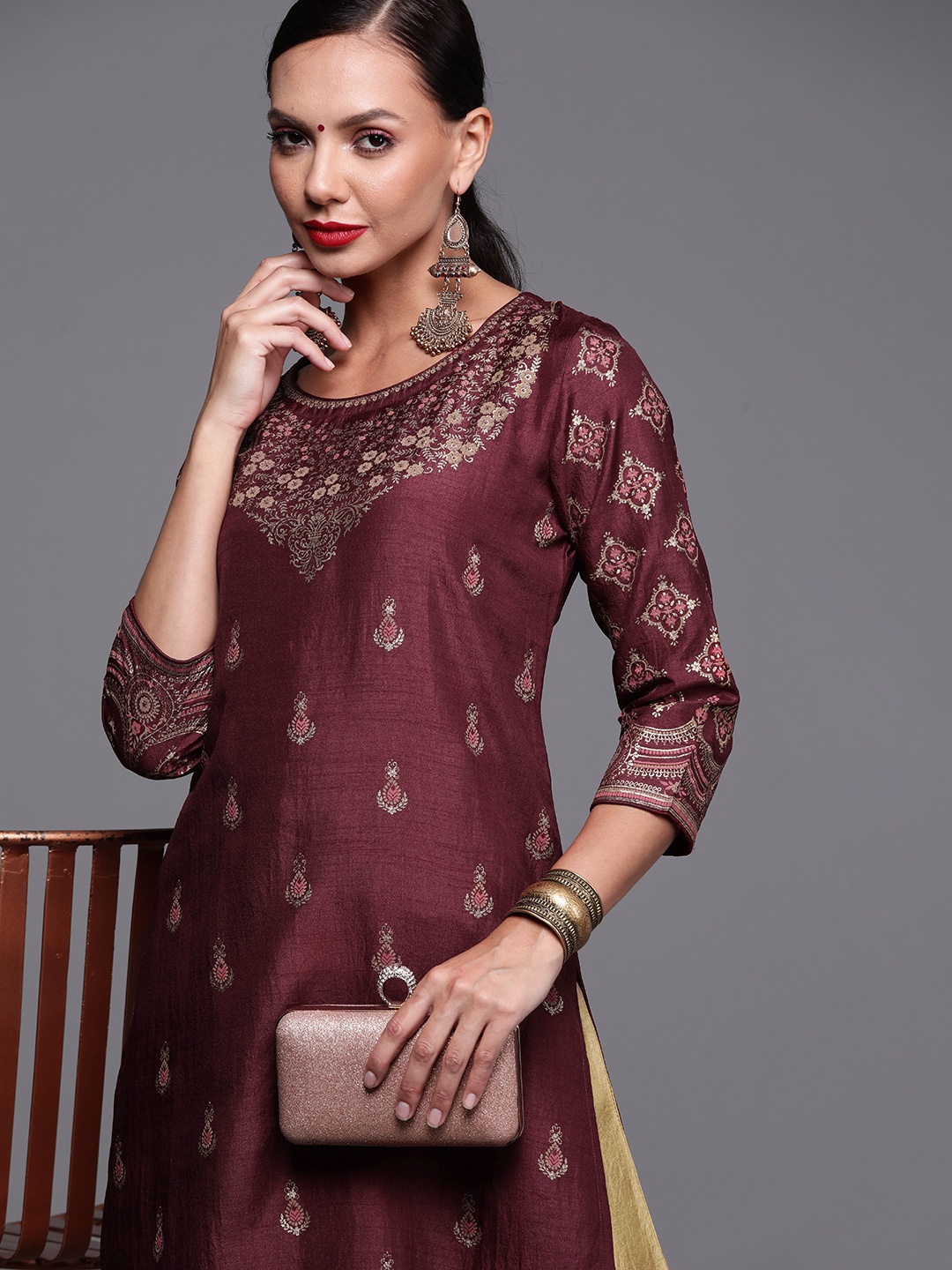 

Indo Era Women Maroon and Gold-Toned Ethnic Motifs Foil Print Kurta with Palazzos