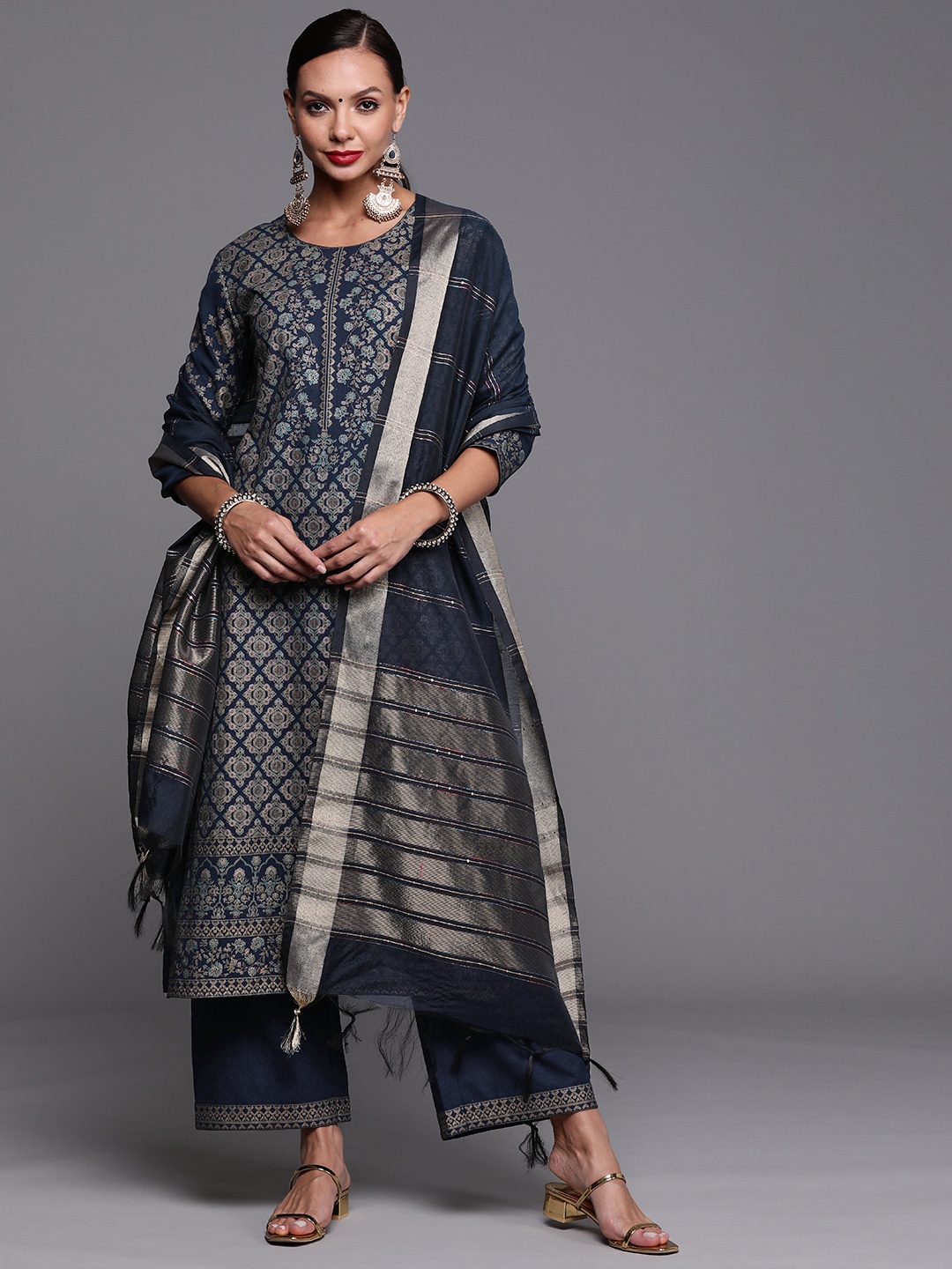 

Indo Era Women Navy Blue Ethnic Motifs Foil Print Sequinned Kurta with Palazzos & Dupatta