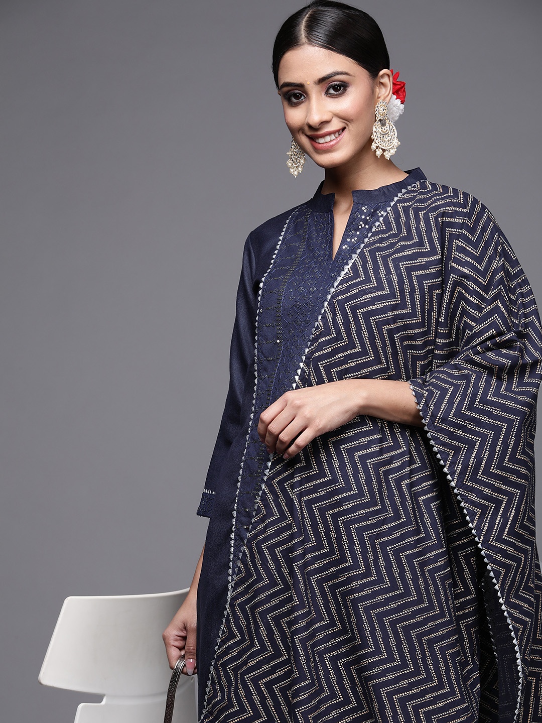 

Indo Era Women Navy Blue Ethnic Motifs Embroidered Sequinned Kurta with Trousers & With Dupatta